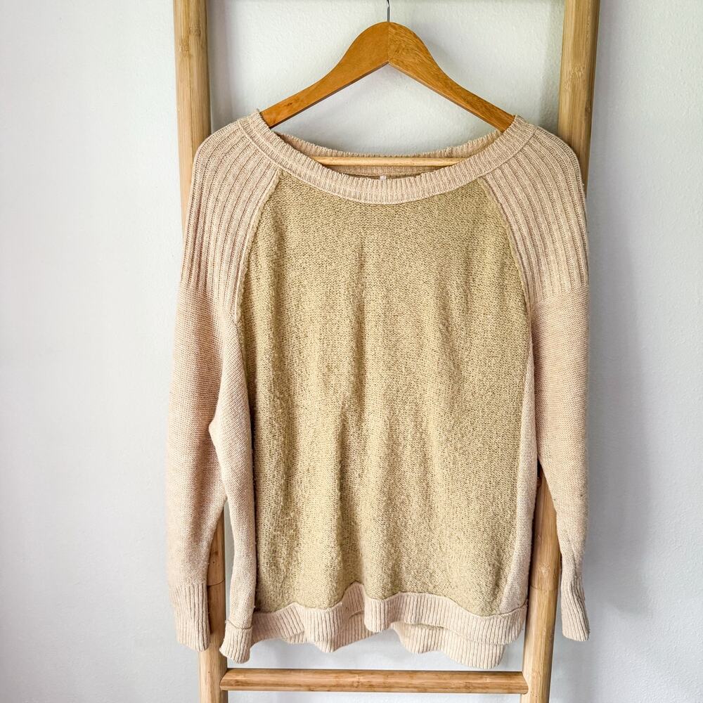 Free People XS Cream Colorblock Wool Blend Oversized Raglan Sweater